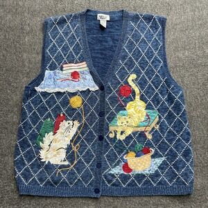 Vintage Sweater Vest Cat Applique Embroidered Grannycore 90s Cat Lady 2X
